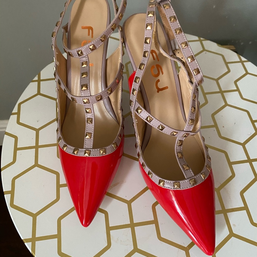 NWT red pump strap sandals with gold studs